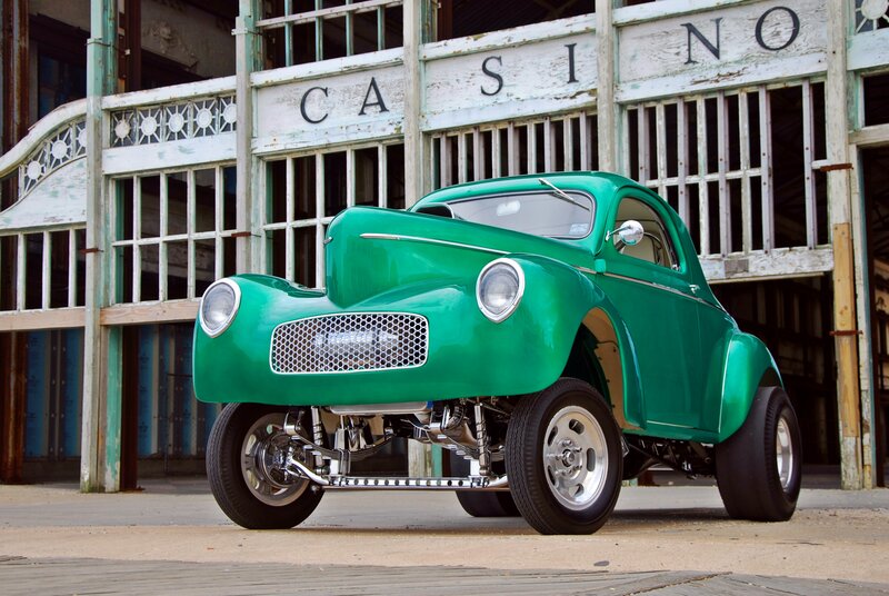 Green Hot Rod Car — Dramatic, Afternoon, Photograph, Building