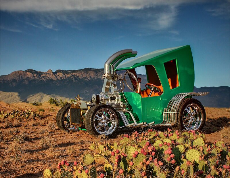 Green Hot Rod Car — Dramatic, Afternoon, Photograph, Cactus