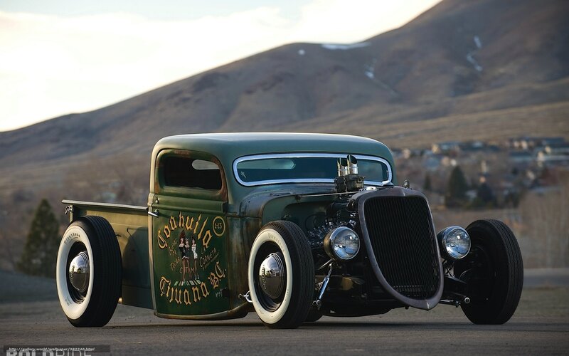 Green Hot Rod Truck — Dramatic, Sunset, Photograph, Mountain