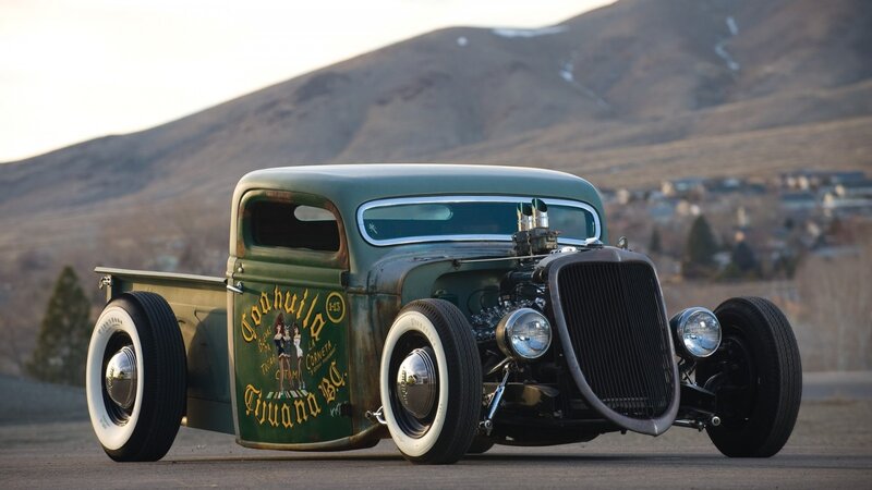Green Hot Rod Truck — Dramatic, Sunset, Photograph