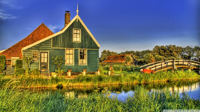 Green House by Canal — Blue, Serene, Afternoon