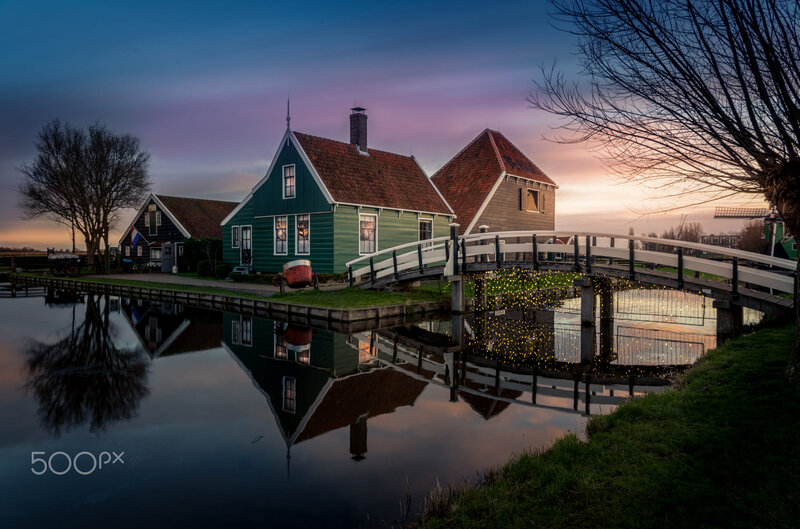 Green House by Canal — Blue, Serene, Sunset, Photograph, Bridge