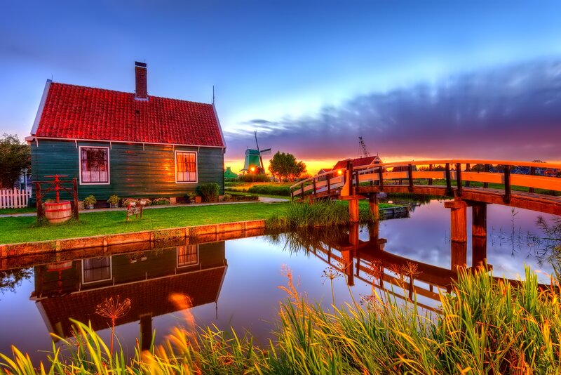 Green House by Canal — Blue, Serene, Sunset
