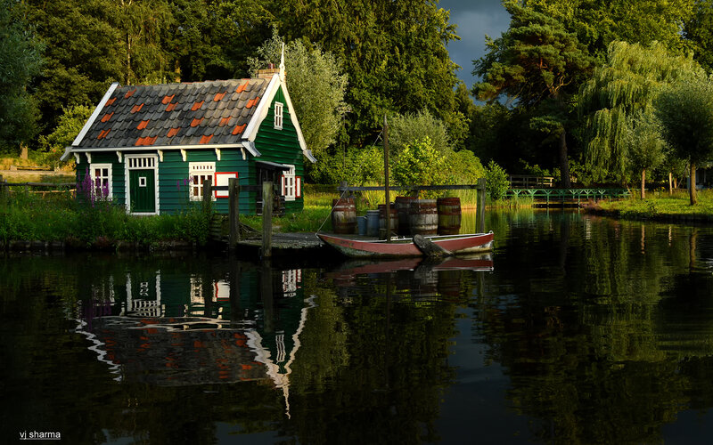 Green Houseboat on Canal