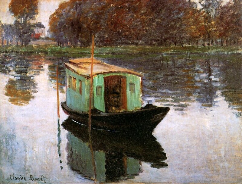 Green Houseboat on River — Serene