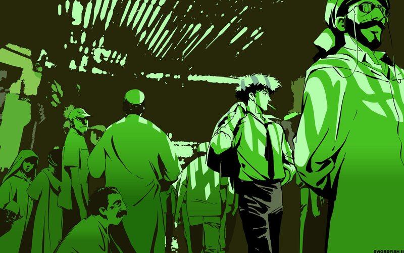 Green-hued anime crowd scene