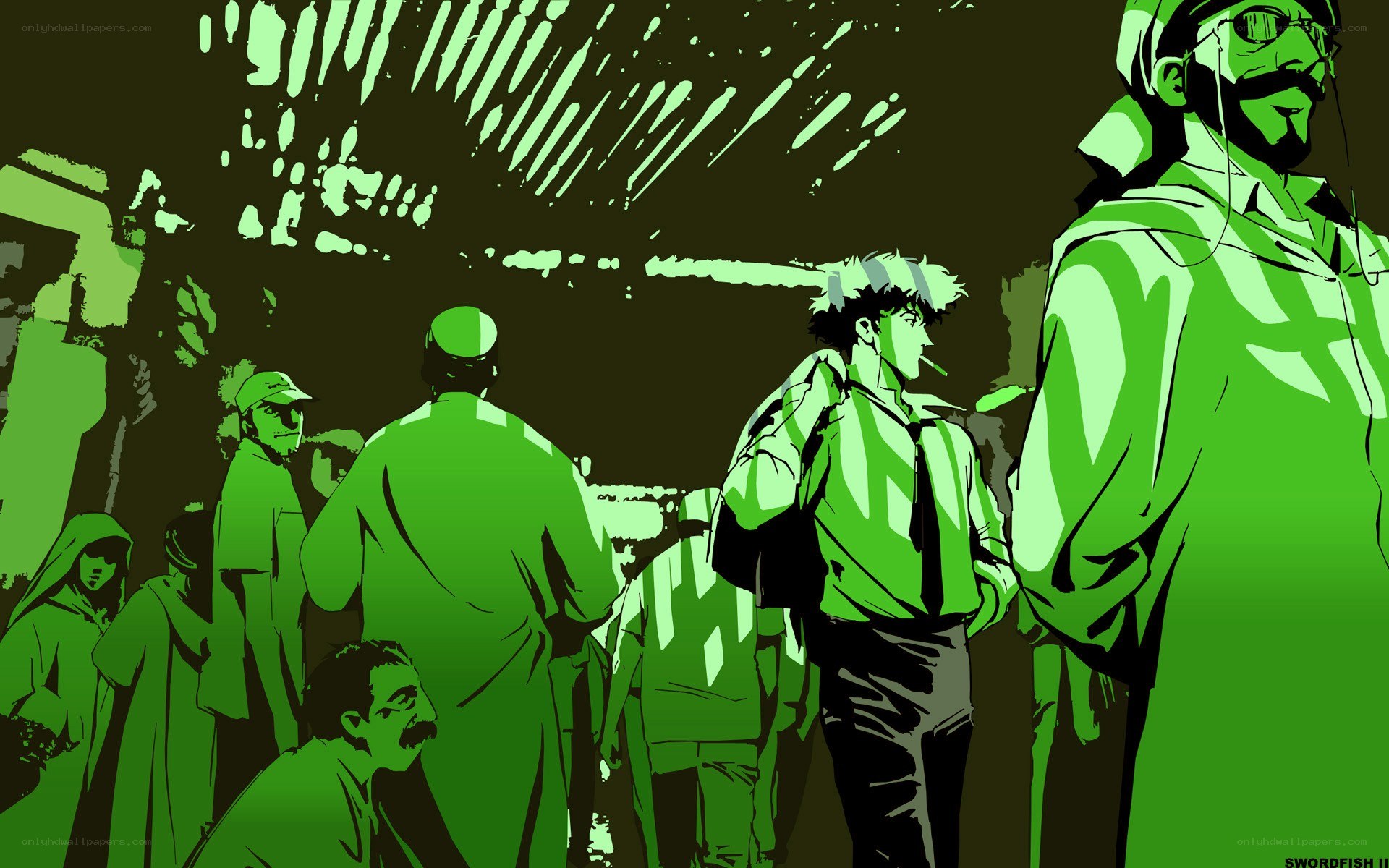 Green-hued anime crowd scene