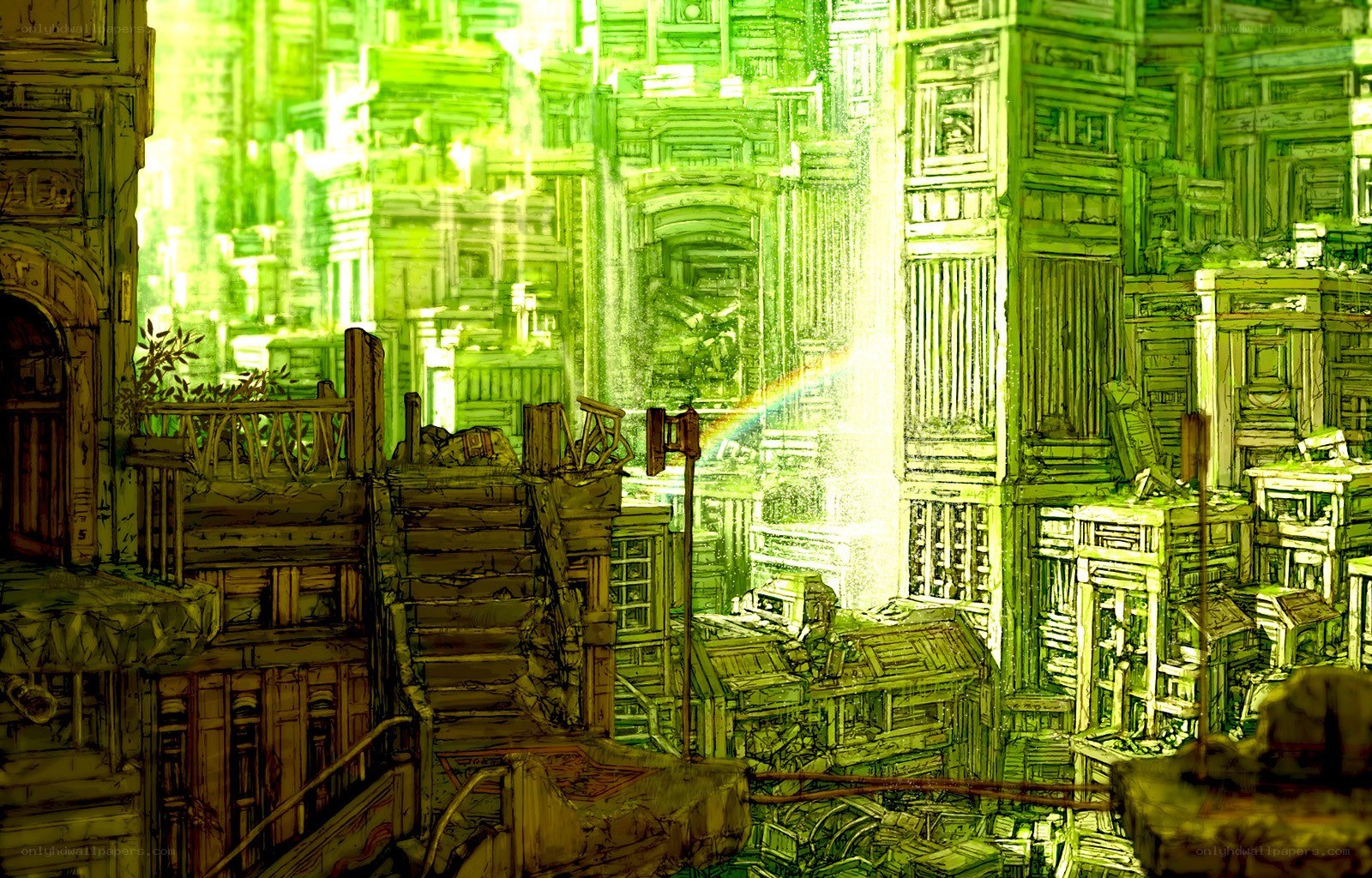 green-hued cityscape ruins