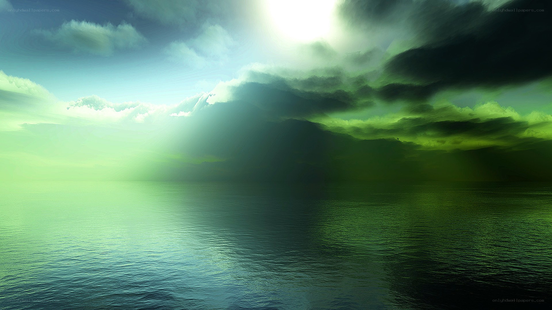 Green-hued ocean under stormy sky