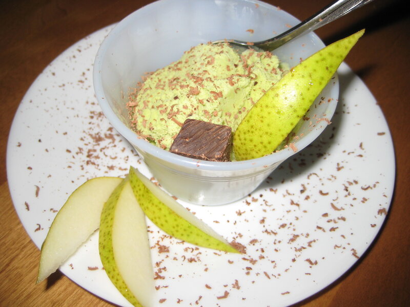 green ice cream with pear and chocolate