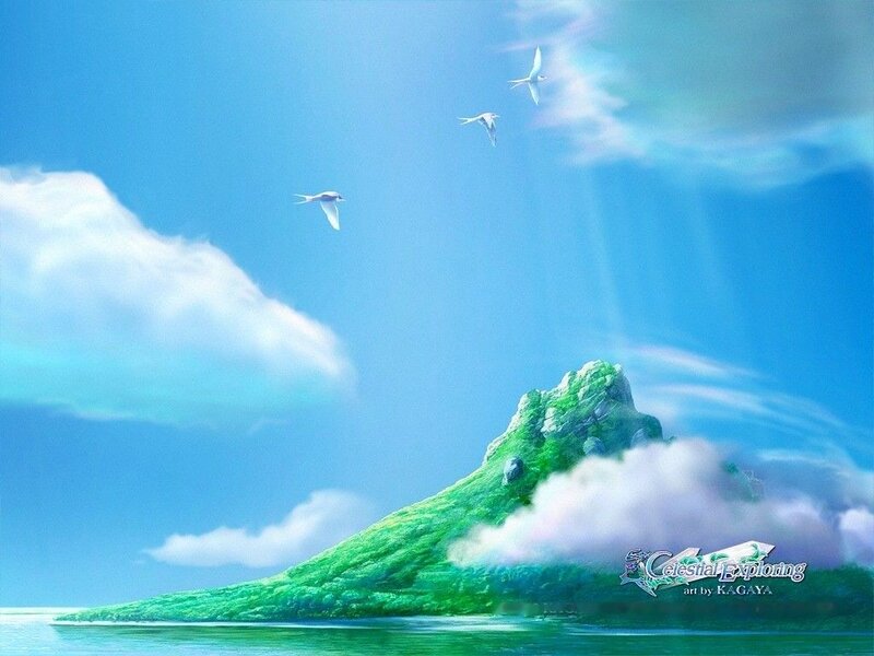 Green Island in Ocean — Blue, Serene