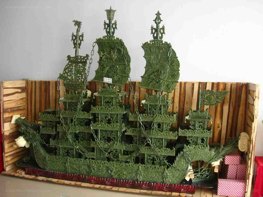 green jade ship sculpture