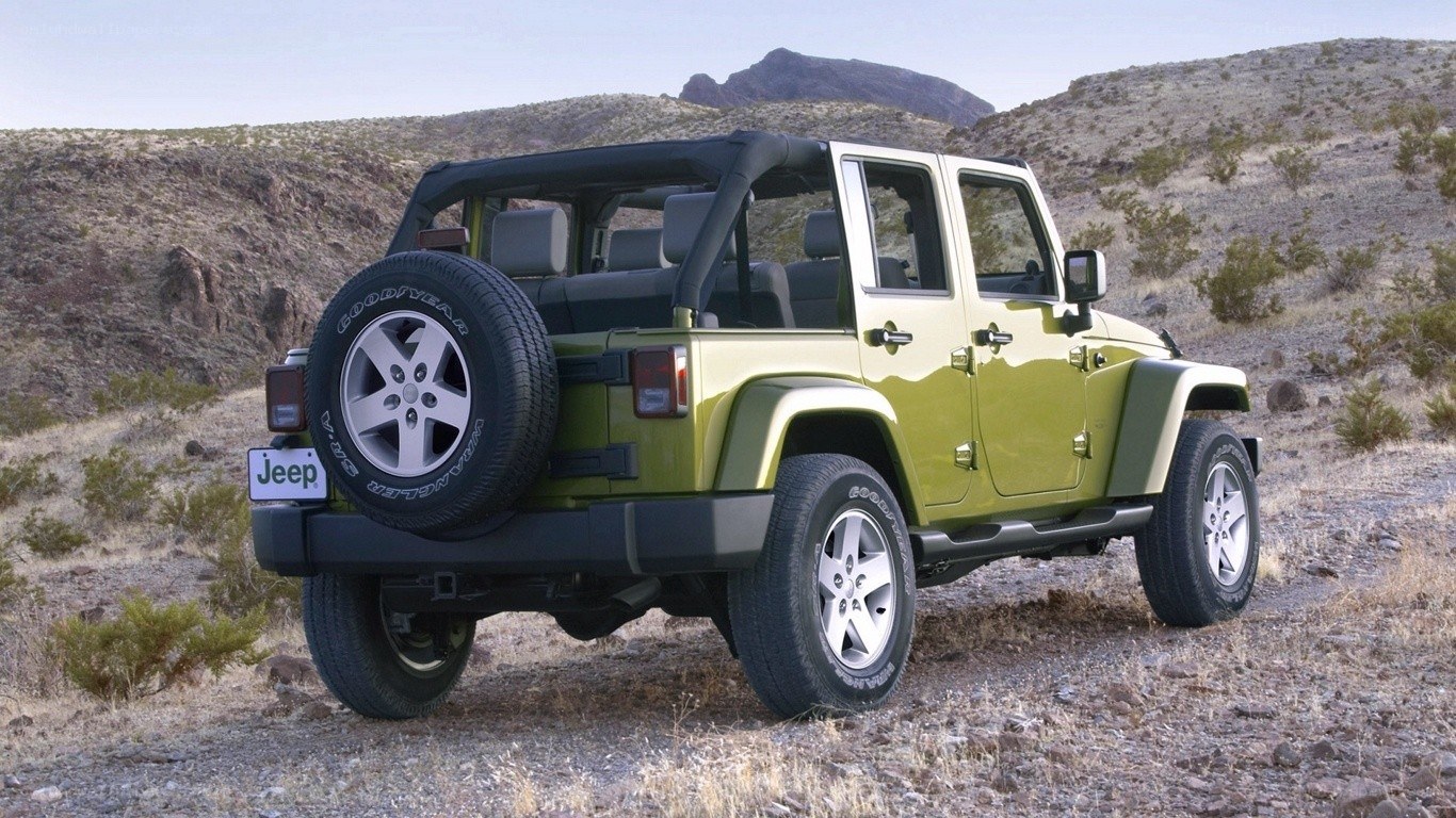Green Jeep in desert landscape