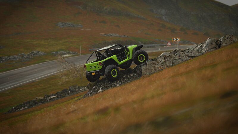 Green Jeep on Rocks — Adventurous