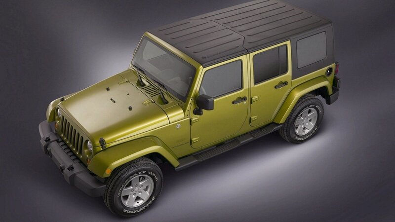 Green Jeep Wrangler — Dramatic, Photograph, Black Roof, Tires