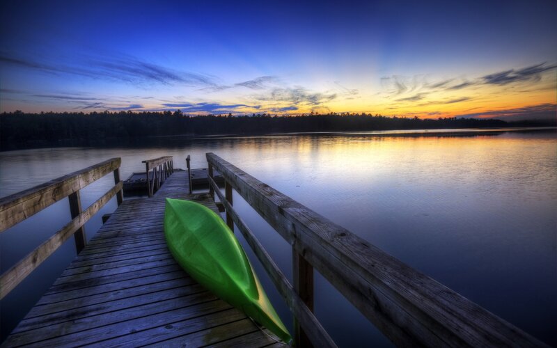 Green Kayak on Dock — Blue