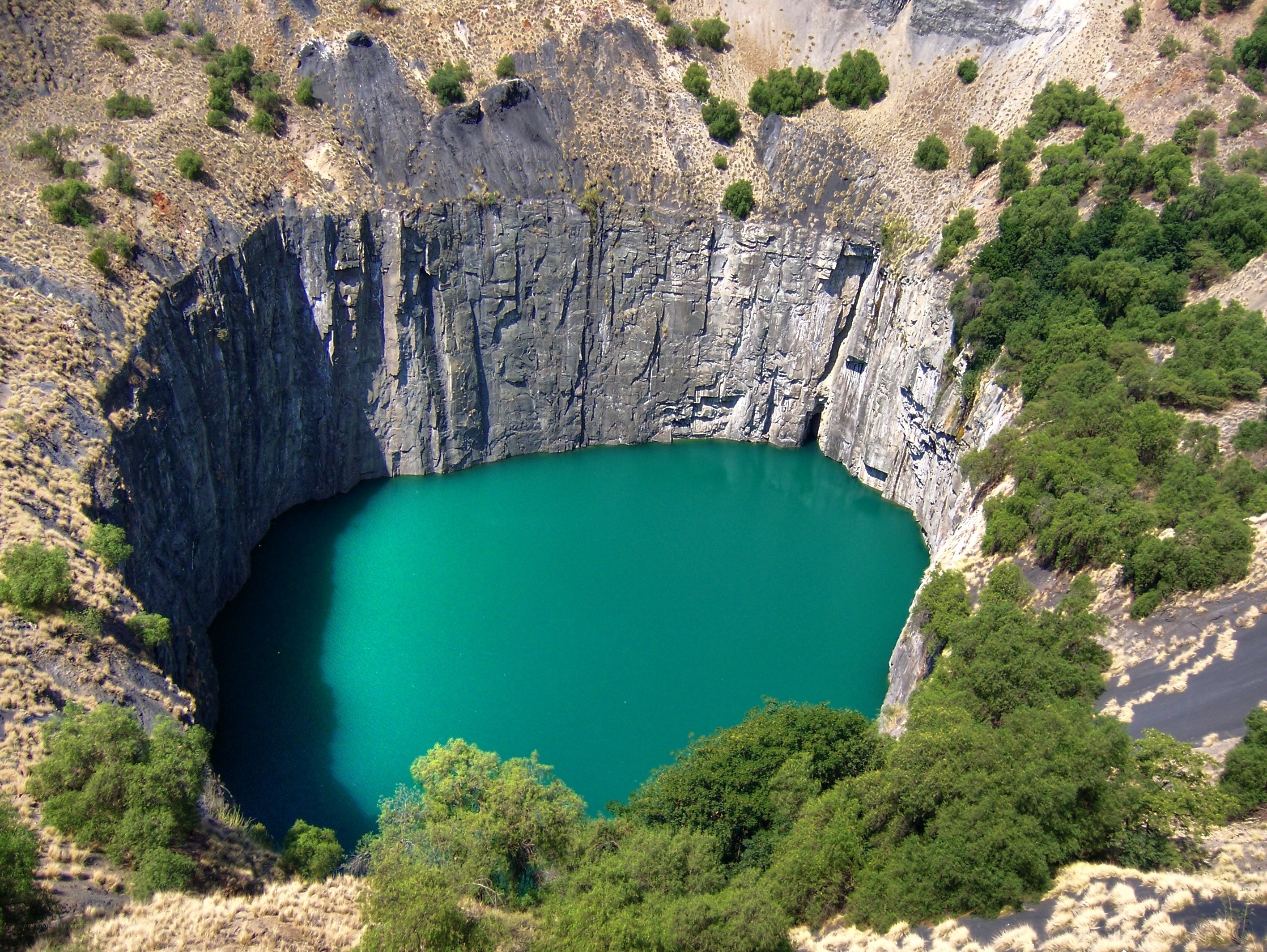 Green lake in a crater