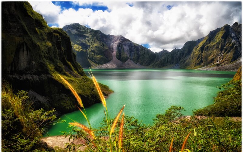 Green Lake in Crater — Serene, Afternoon, Photograph, Mountains