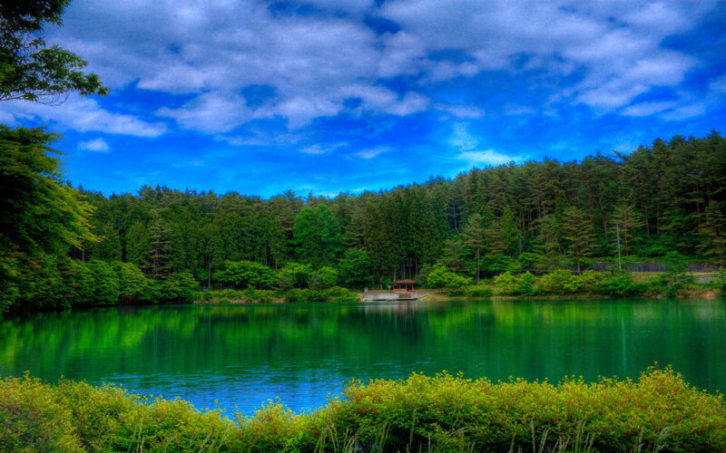 Green Lake in Forest — Blue, Serene, Afternoon, Photograph, Sky