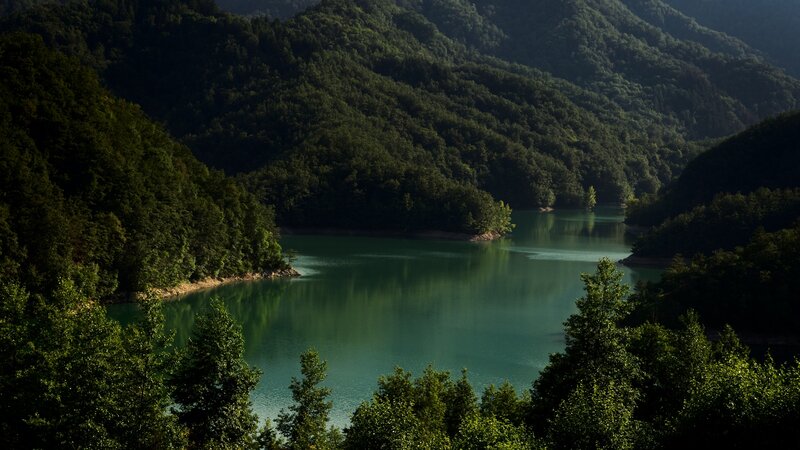 Green Lake in Forest — Serene, Afternoon, Photograph, Trees, Mountains, Water