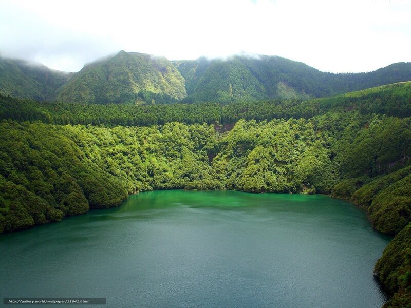 green lake in forested mountains