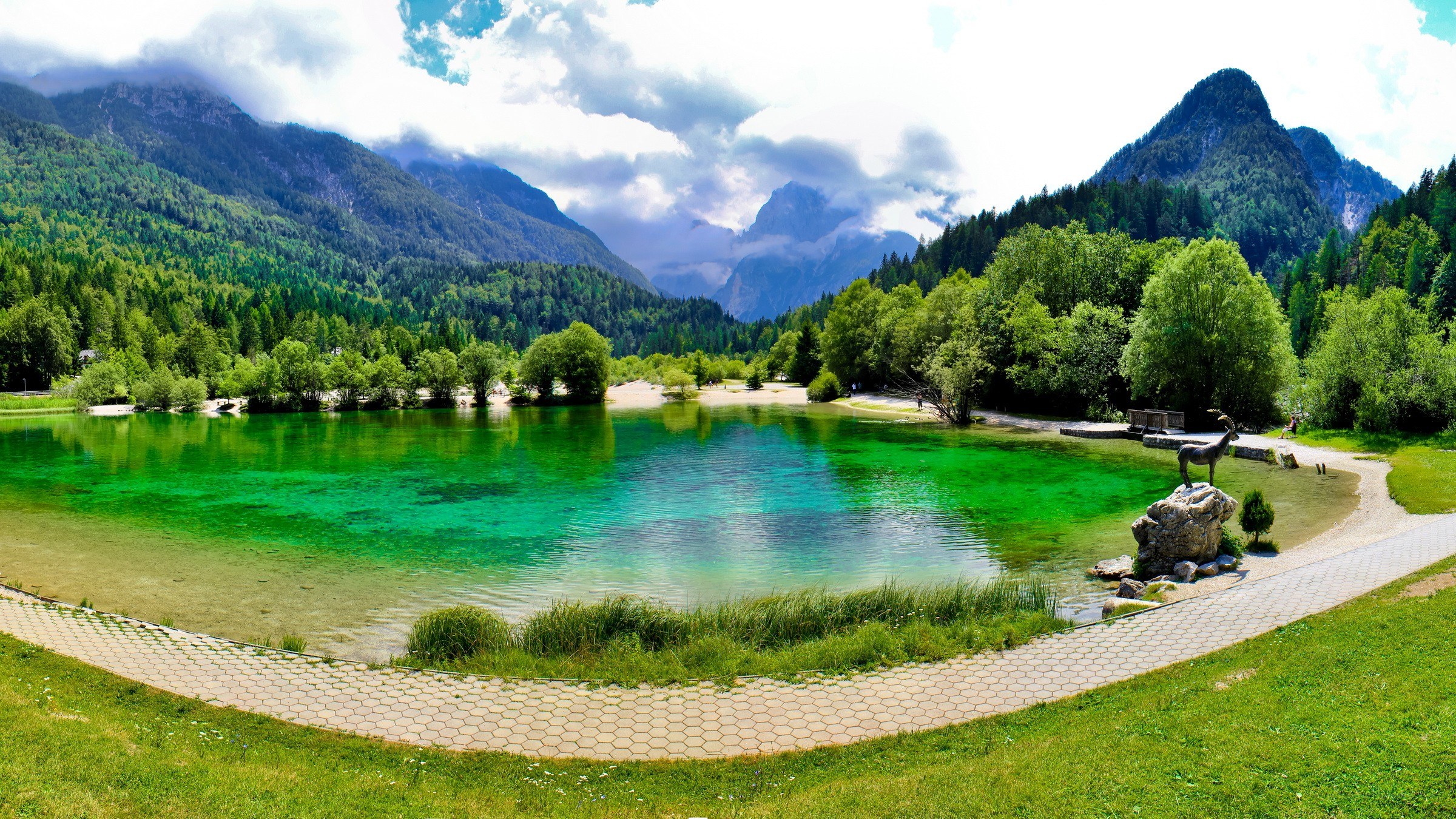 Green lake in mountain valley