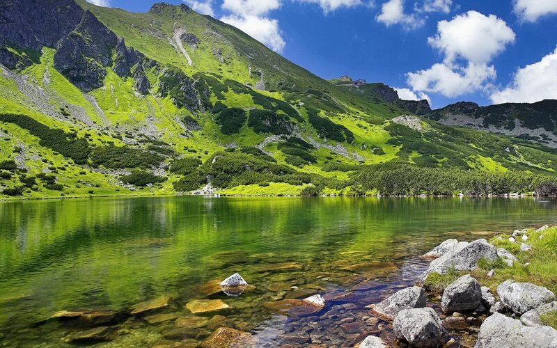 Green Lake in Mountains — Serene, Afternoon, Photograph, Clouds