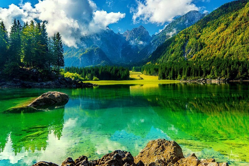 Green Lake in Mountains — Serene, Afternoon, Photograph, Forest, Sky