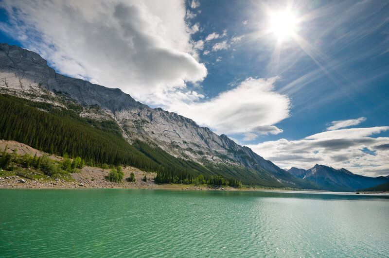 Green Lake in Mountains — Serene, Afternoon, Photograph, Forest, Sun