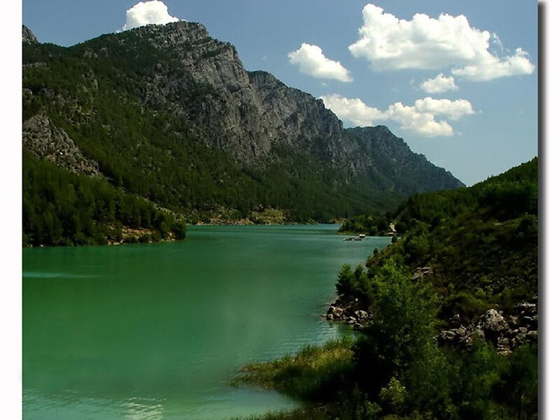 Green Lake in Mountains — Serene, Afternoon, Photograph, Trees, Clouds, Blue