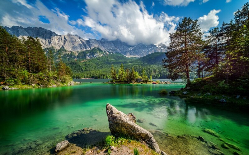 Green Lake in Mountains — Serene, Afternoon, Photograph, Trees, Clouds