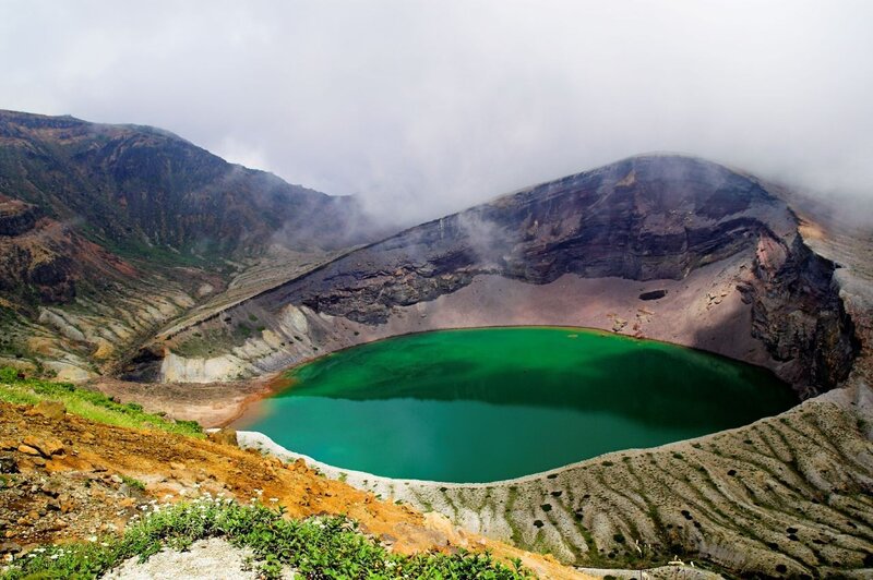 green lake in volcanic crater
