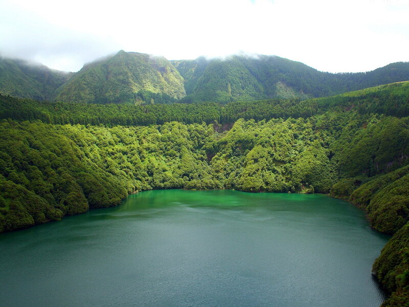 green lake in volcanic crater