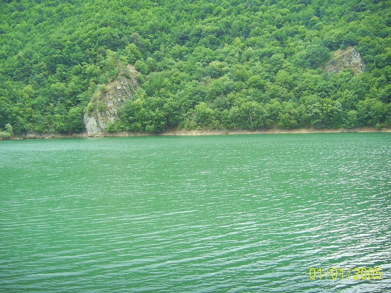 Green lake with forested hills