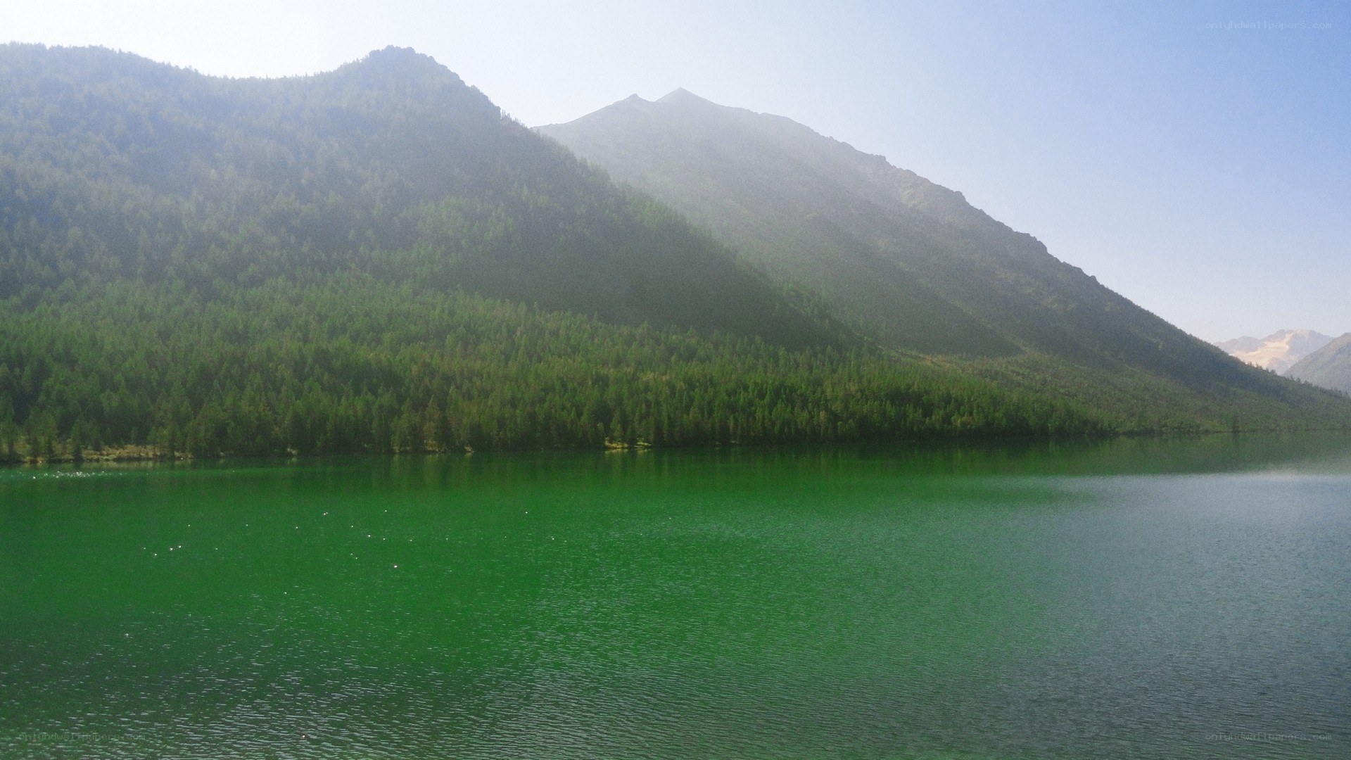 green lake with forested mountains
