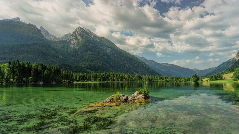 Green Lake with Mountains — Serene, Afternoon, Photograph, Forest, Rock