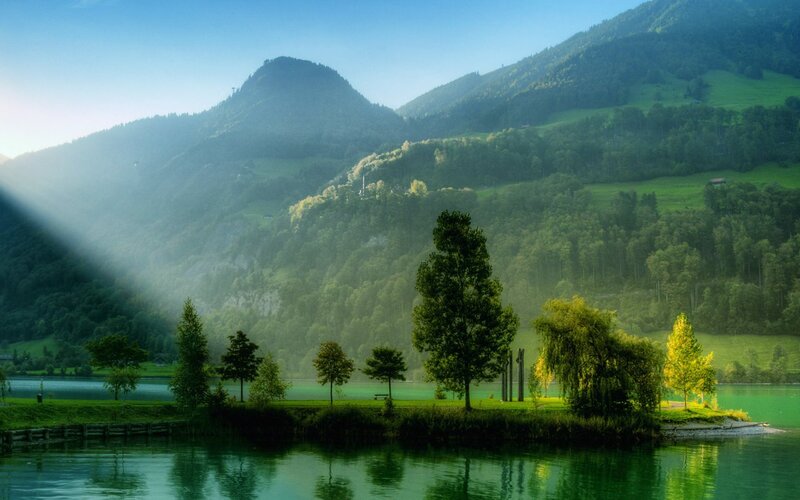Green Lake with Mountains — Serene