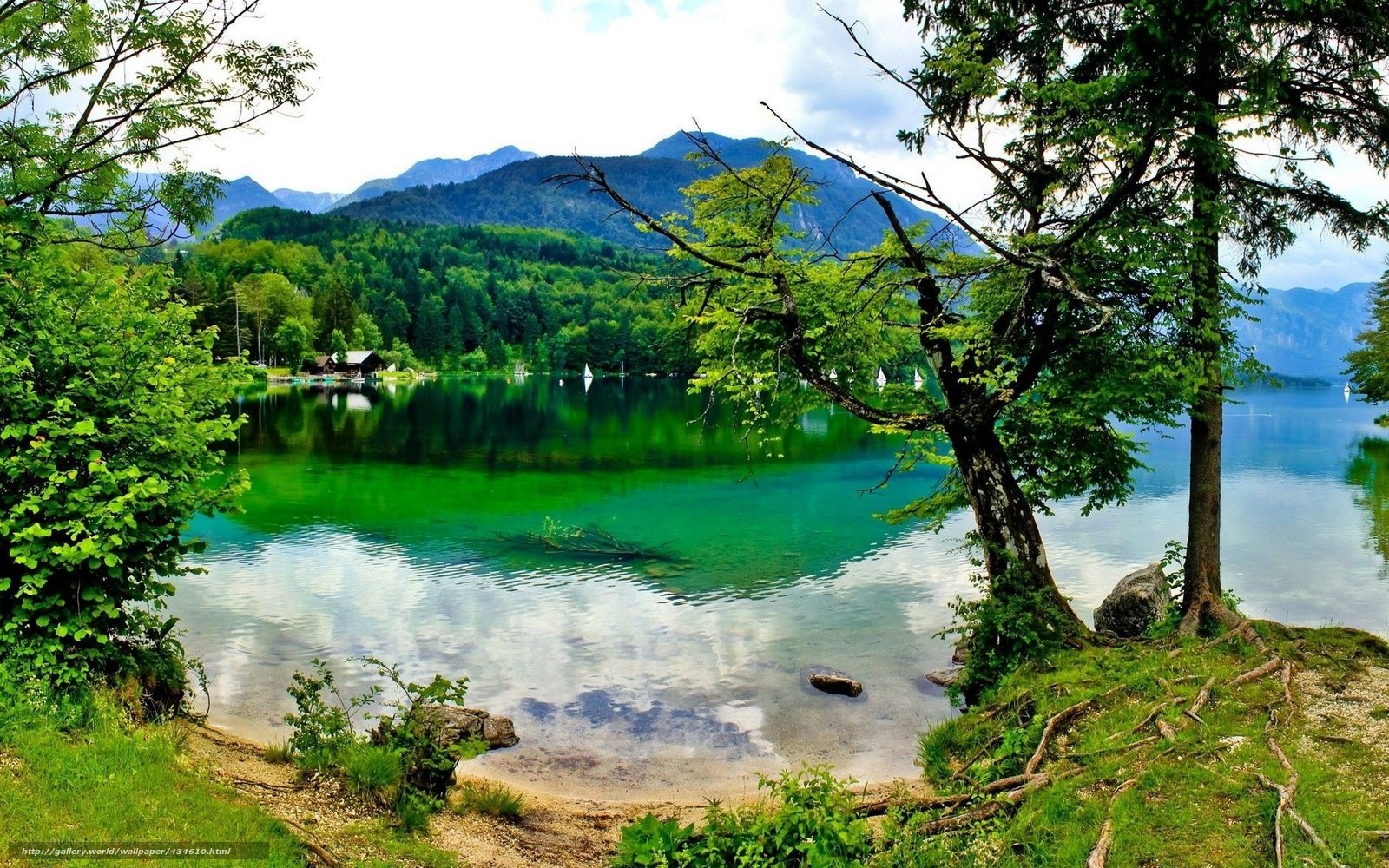 Green lake with mountains