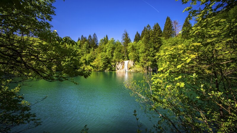 Green Lake with Waterfall — Blue