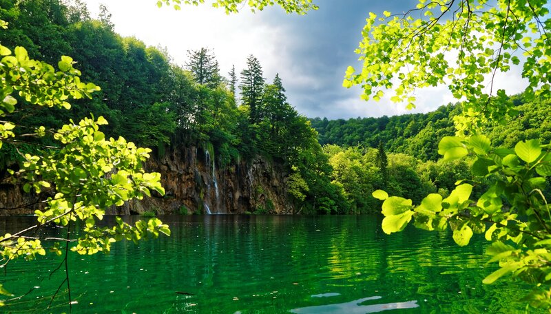 Green Lake with Waterfall — Serene, Afternoon