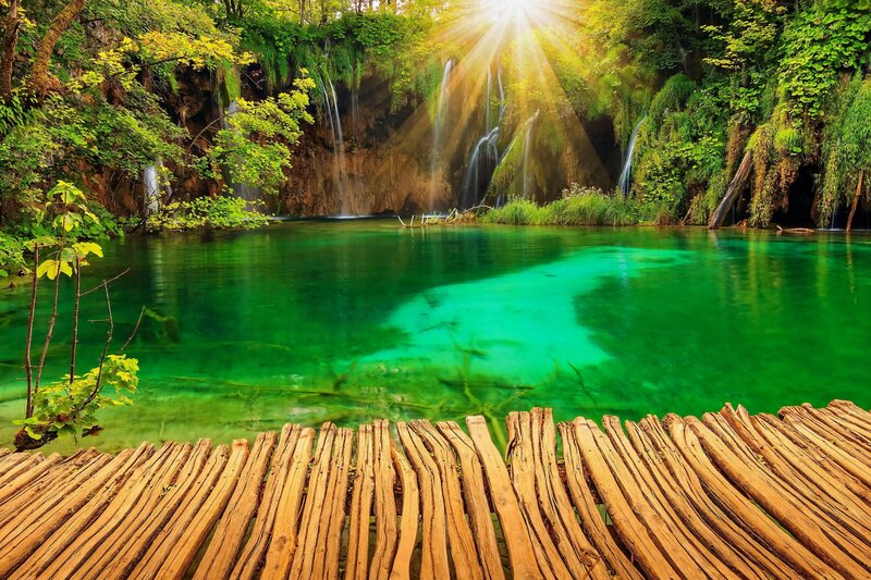 Green Lake with Waterfalls — Serene, Afternoon