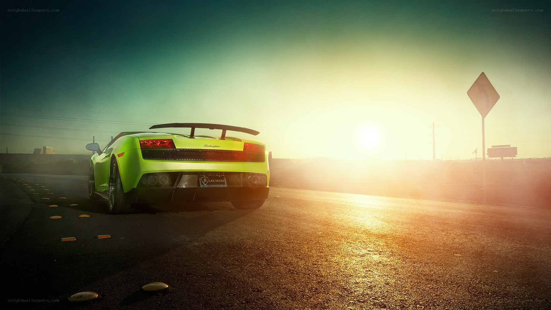 Green Lamborghini at sunset
