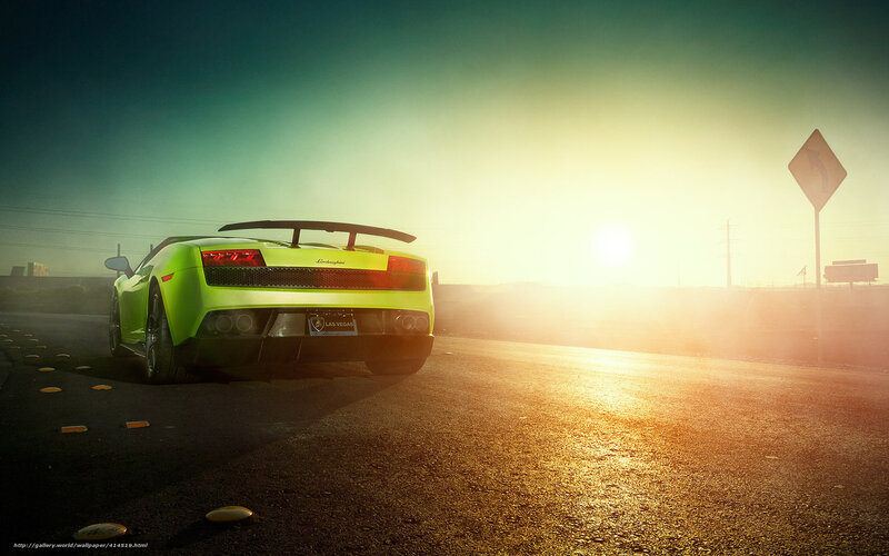Green Lamborghini at sunset