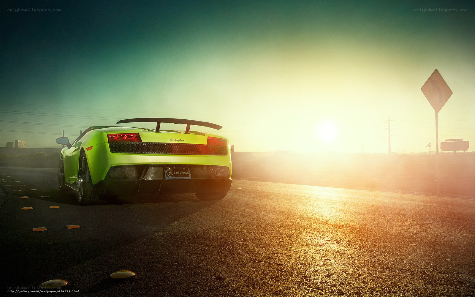 Green Lamborghini at sunset