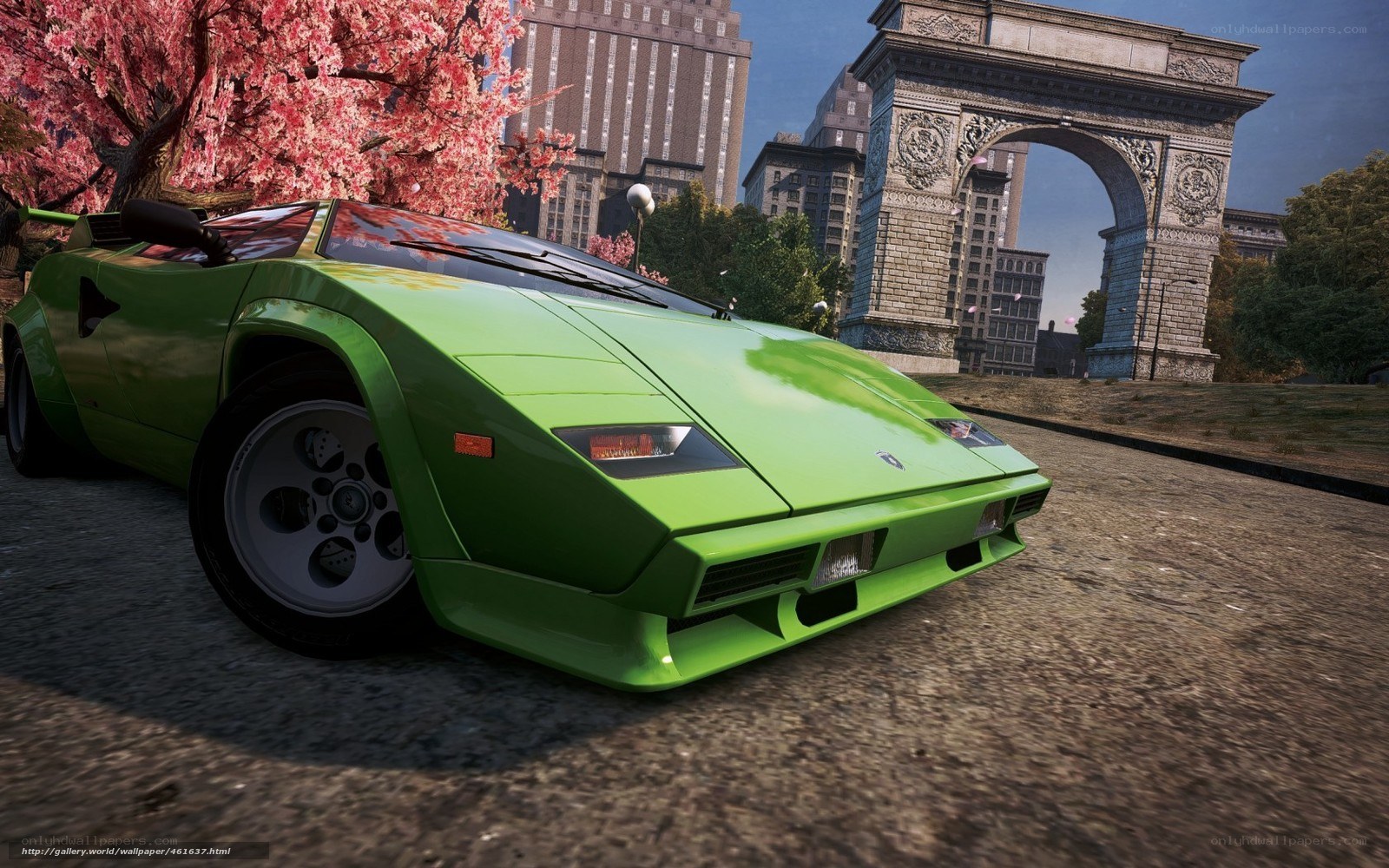 Green Lamborghini in city