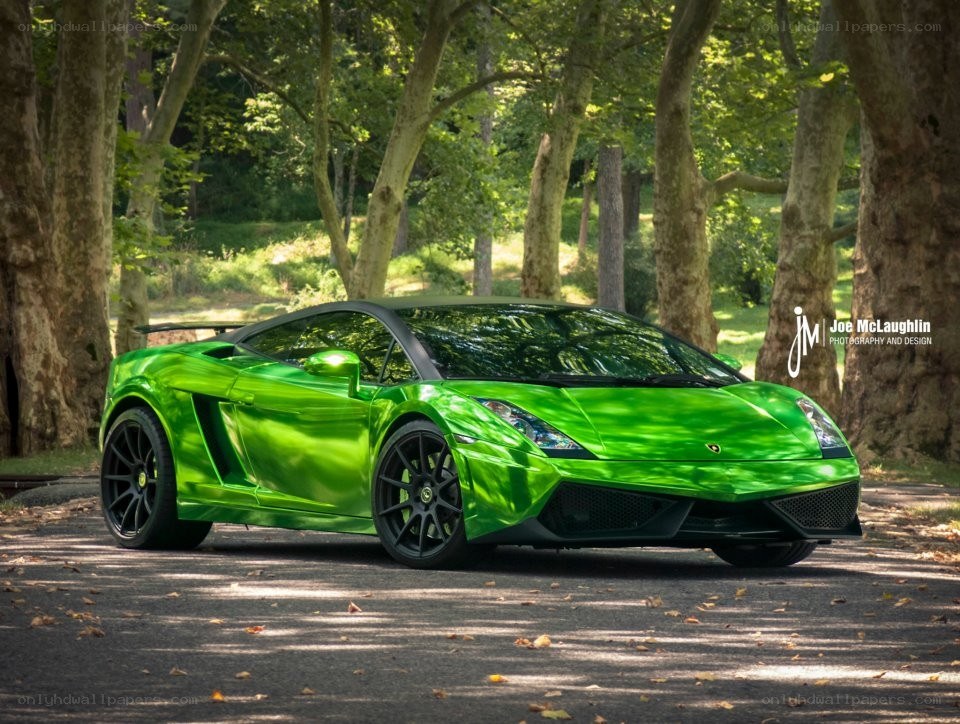 green lamborghini in forest
