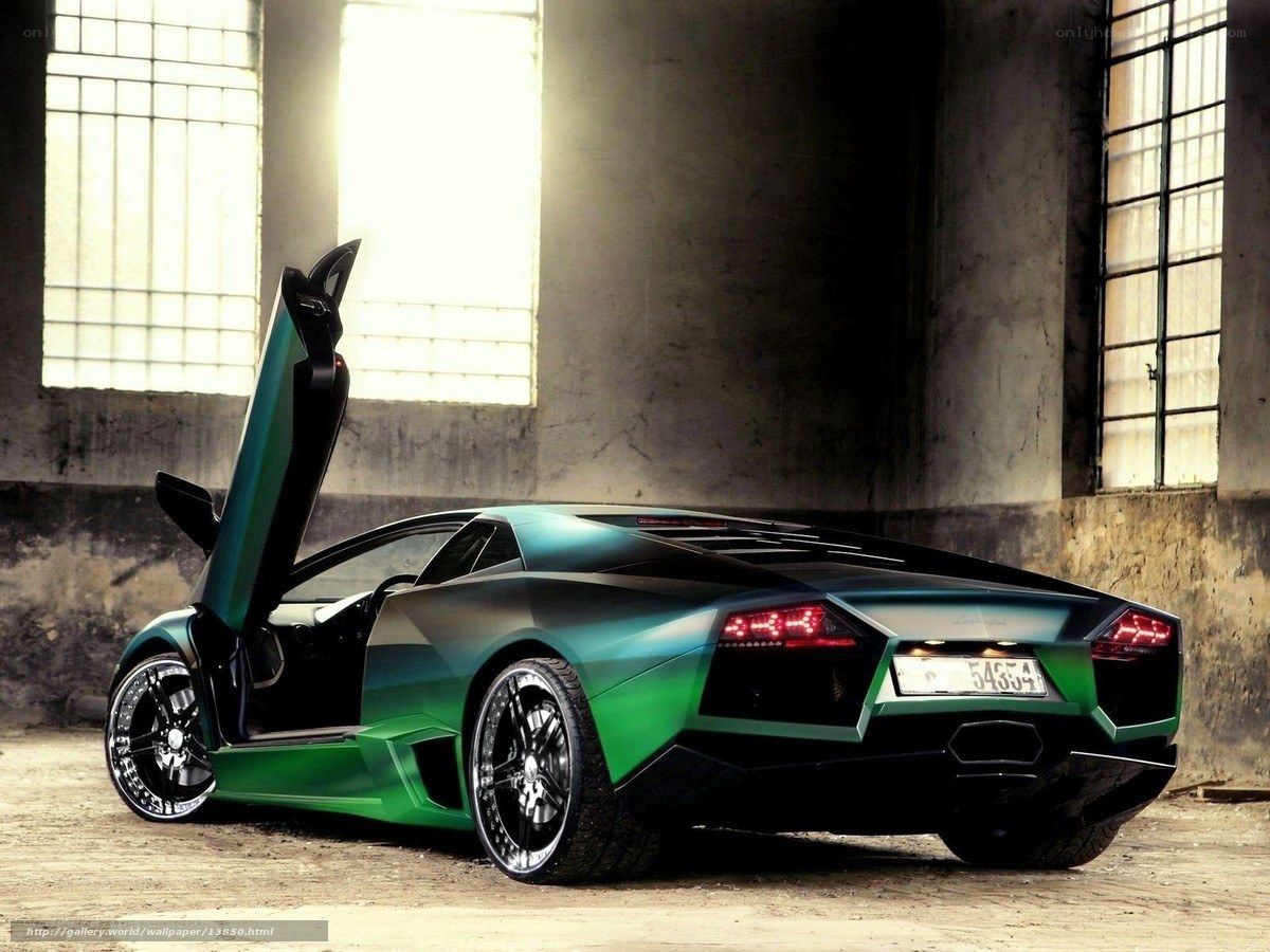 Green Lamborghini in warehouse