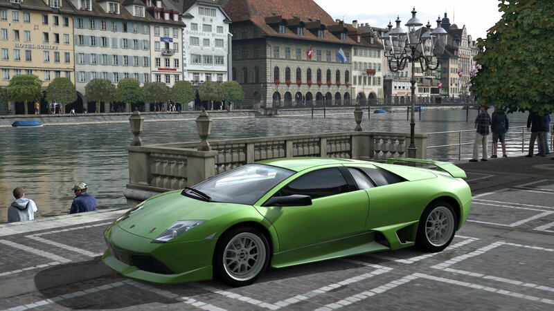 Green Lamborghini on a city street