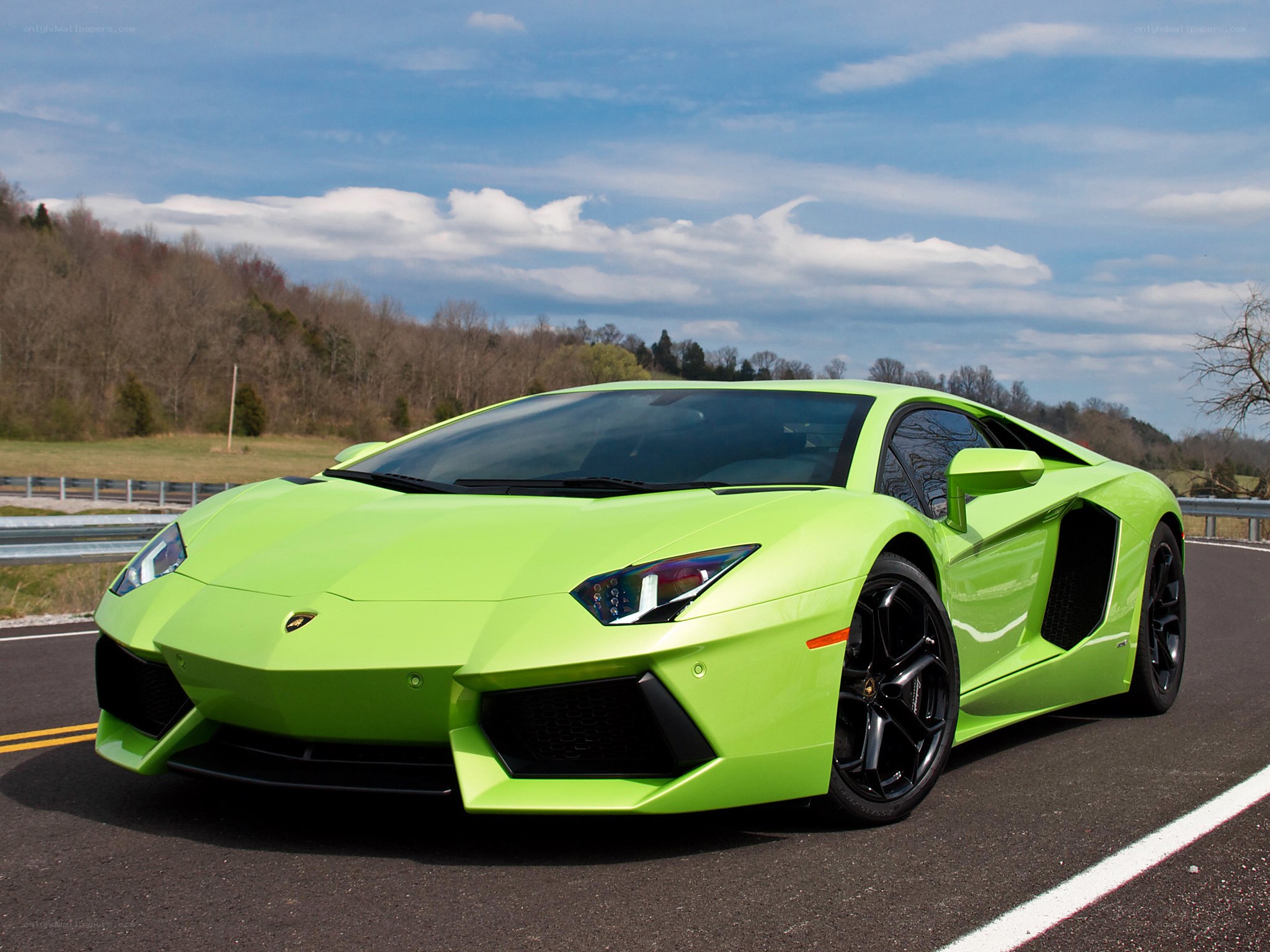 Green Lamborghini on a road