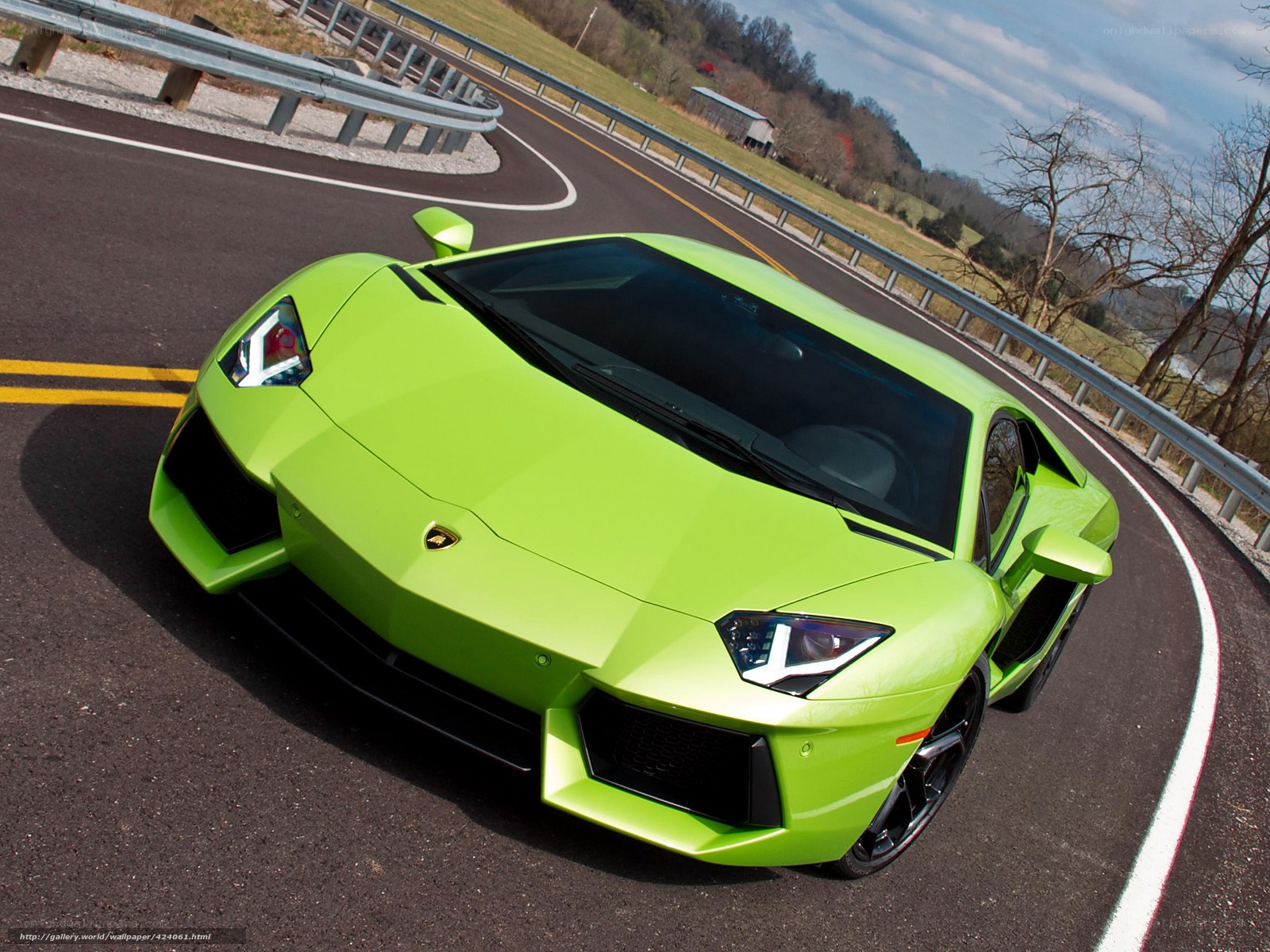 Green Lamborghini on a winding road